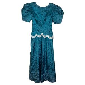 Vintage Union Made Puffed Sleeve 80s Style Teal Dress Size 6